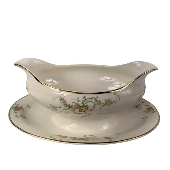 Pope Gosser Gwendolyn Gravy Boat Underplate Pink Roses Gray Scrolls Vintage - Picture 2 of 12
